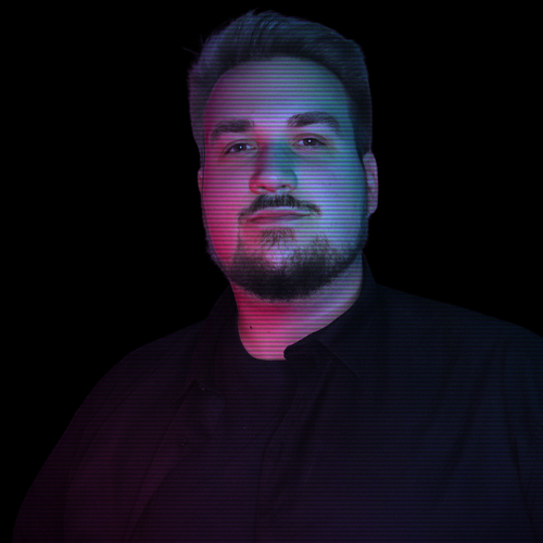 A digitally edited portrait of Adam Słomski, Unity Developer. The image has a cyberpunk-style neon glow, featuring pink and blue lighting against a dark background.