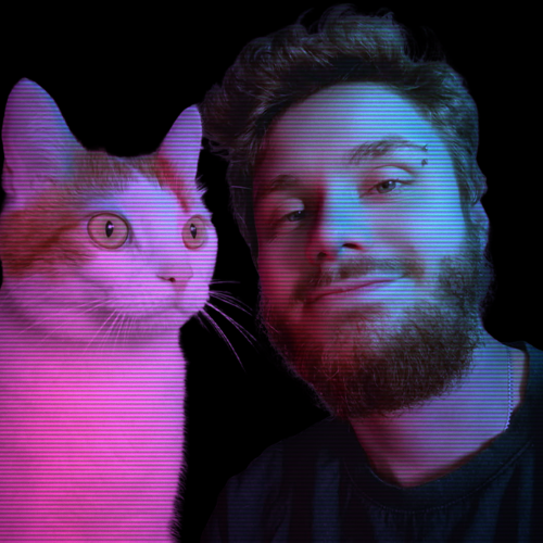 A digitally edited portrait of Adrian Imiołek, Web Designer & Developer, with his cat. The image has a cyberpunk-style neon glow, featuring pink and blue lighting against a dark background.