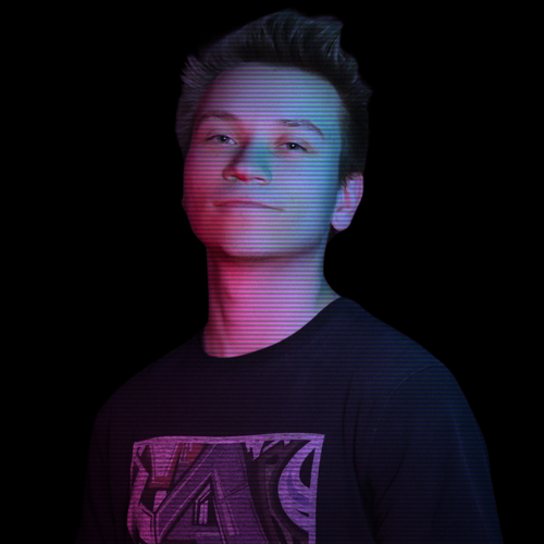 A digitally edited portrait of Konrad Maciaszek, 2D Graphic Designer. The image has a cyberpunk-style neon glow, featuring pink and blue lighting against a dark background.