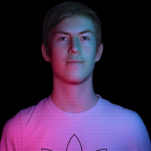 A digitally edited portrait of Krystian Jankowiak, 3D Graphic Designer. The image has a cyberpunk-style neon glow, featuring pink and blue lighting against a dark background.