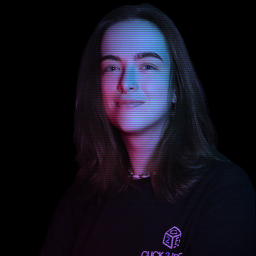 A digitally edited portrait of Natalia Stańczyk, Unity Developer. The image has a cyberpunk-style neon glow, featuring pink and blue lighting against a dark background.