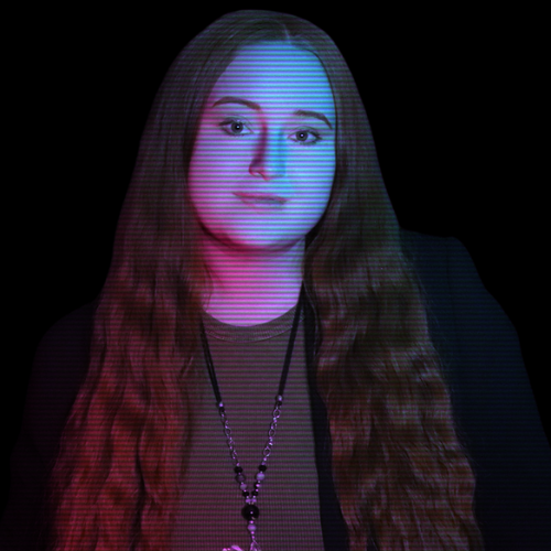 A digitally edited portrait of Zuzanna Nawrocka,  Script Writer & Marketing Specialist. The image has a cyberpunk-style neon glow, featuring pink and blue lighting against a dark background.
